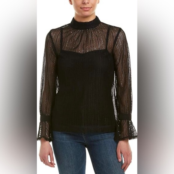 TRINA TURK Cicero Mock Neck Black Noir Lace Blouse Top Shirt Semi Sheer Ruffle - Picture 6 of 15